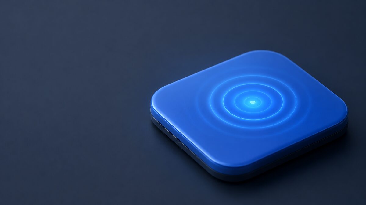 A fingertip pressing a glossy blue UI button, with a soft glow rippling outward from the point of contact.
