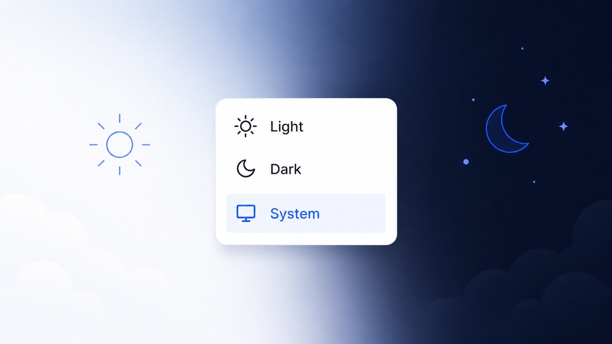 A theme menu with Light, Dark, and System options, System selected, floating over a sky that fades from bright daylight with a sun into a starry night with a crescent moon.